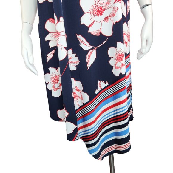 Dressbarn Navy Floral Striped Sleeveless Asymmetrical Hem Dress Womens 10 Midi - Picture 8 of 12